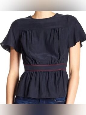 FRAME Navy Short-Sleeve Peplum Top with Waist Band